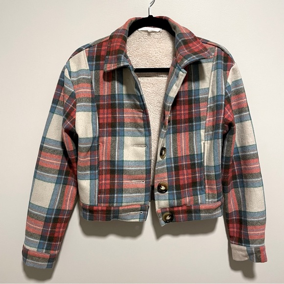 Etophe Studios Jackets & Blazers - Entrophe Studios Plaid Sherpa Lined Bomber Jacket in Red, Blue and Cream